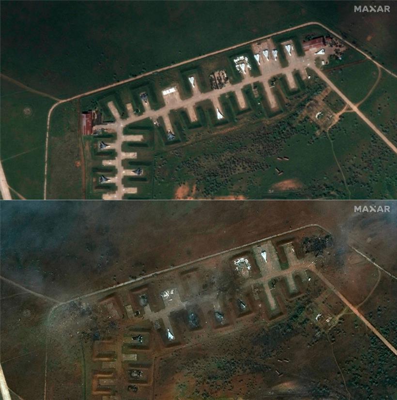 Die beiden Satellitenbilder zeigen den russischen Militärflugplatz „Saki“ in Nowofedorowka auf der Krim, unten nach den Explosionen vor einigen Tagen
