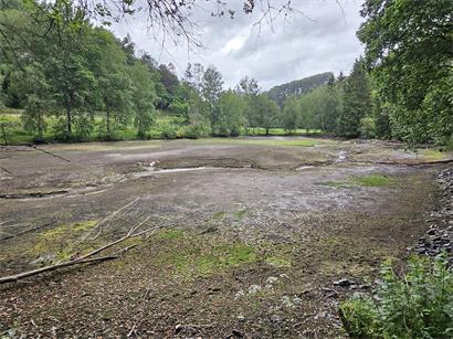 Drei vollständig abgelassene Weiher von Rossmillen mit trockenem Seebett und freigelegtem Uferbereich