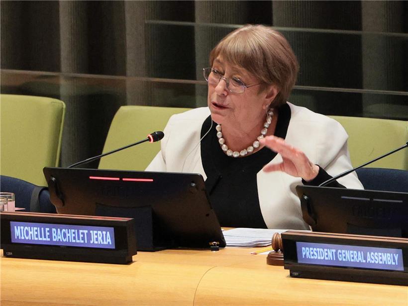 Michelle Bachelet spricht am 21. April 2026 im UN-Hauptquartier New York über ihre Kandidatur als UN-Generalsekretärin.