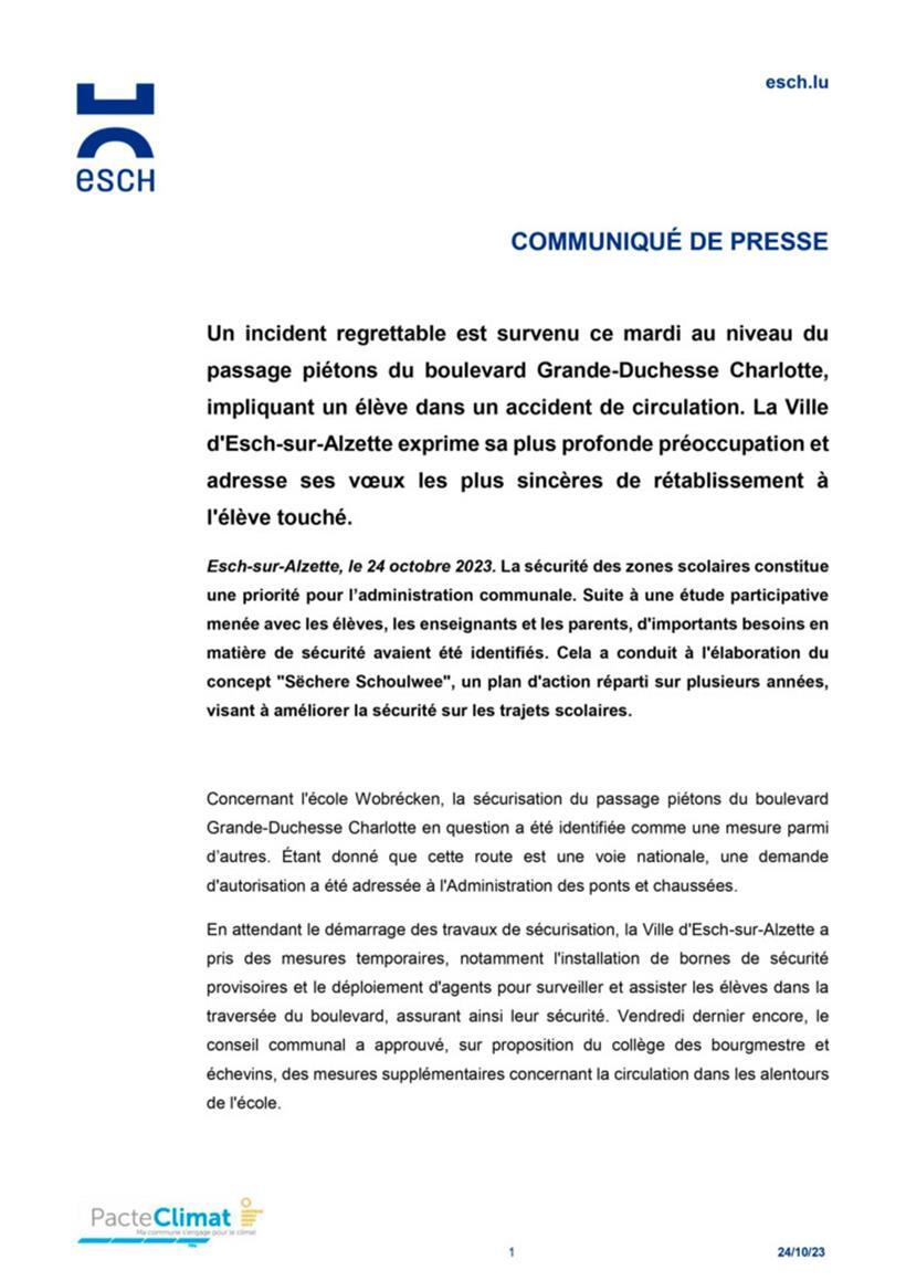 Die erste Seite der Pressemitteilung der Stadt Esch vom Dienstag
