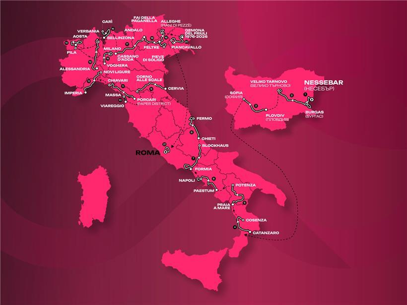 Karte zeigt erste drei Etappen eines Radrennens in Bulgarien, danach Fortsetzung der Strecke in Italien