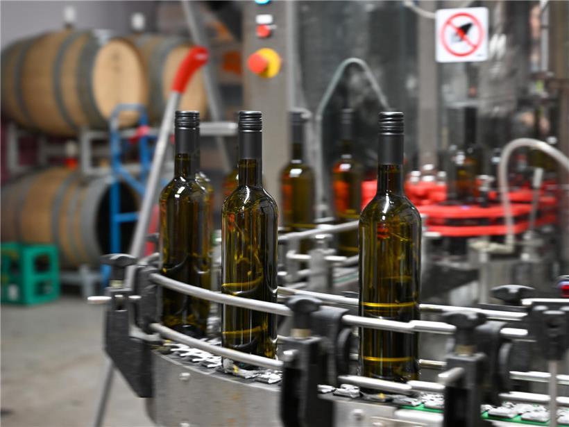 Erste fertige Flaschen laufen aus moderner Abfüllanlage in Produktionslinie für Getränke ab