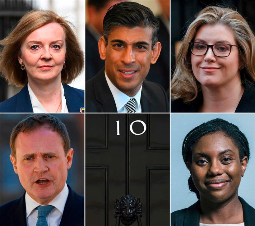 Die fünf Anwärter auf die Nachfolge Johnsons fetzten sich am Sonntag während einer TV-Debatte: (v.o.l.) Liz Truss, Rishi Sunak, Penny Mordaunt, (u.) Tom Tugendhat und Kemi Badenoch
