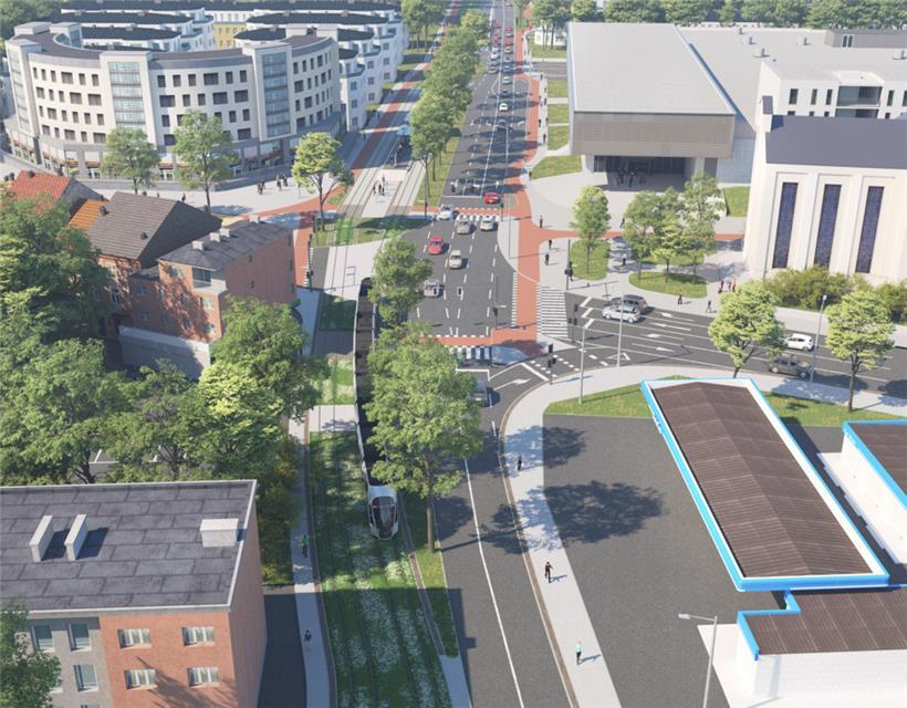 Die innerstädtische Tram in Esch an der Kreuzung Luxemburger Straße/Boulevard Grande-Duchesse Charlotte 
