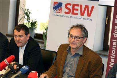 Die jeweiligen Präsidenten des SNE/CGFP Patrick Remakel (l.) und des SEW/OGBL Patrick Arendt wenden sich mit einer gemeinsamen Mitteilung über das Homeschooling während der Corona-Krise an die Presse
