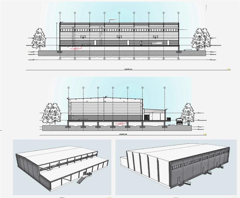 Die provisorische Sporthalle wird auf Stelzen gesetzt und mit Containern hochgezogen

