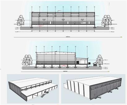 Die provisorische Sporthalle wird auf Stelzen gesetzt und mit Containern hochgezogen
