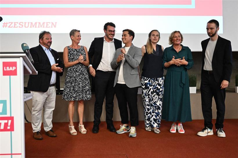Die sieben Kandidaten für den Ostbezirk: Tom Bellion, Nadine Lang-Boever, Charel Heim, Kenichi Breden, Tess Burton, Paulette Lenert und Ben Streff (v.l.n.r.)
