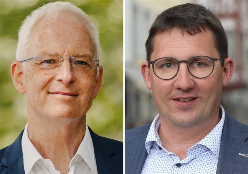Die zwei aussichtsreichsten Bewerber: Oberbürgermeister Wolfram Leibe (SPD, l.) und sein Herausforderer für die Wahl zum neuen Oberbürgermeister in Trier, Michael Molitor (CDU). Von der dritten Kandidatin für das Amt, Vera Ganske („Die Partei“), lag kein Foto vor. 

