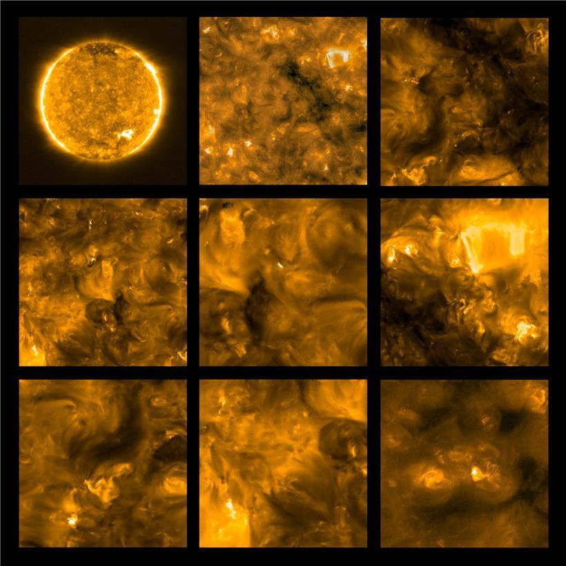 Diese Bilder zeigen das Aussehen der Sonne im extremen ultravioletten Bereich des elektromagnetischen Spektrums. Aufnahmen bei diesen Wellenlängen zeigen die obere Atmosphäre der Sonne, die Korona, mit einer Temperatur von etwa 1 Million Grad.
