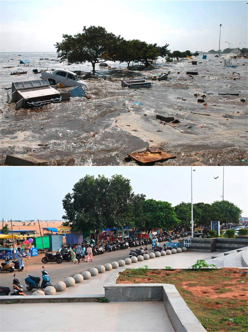 Diese Bilder zeigen die Strandgegend an der ostindischen Stadt Chennai, oben am 26. Dezember 2004, unten am 9. November 2024

