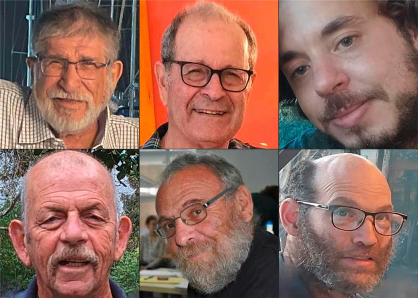 Diese Bilder zeigen die toten Geiseln Joram Metzger, Avraham Munder, Jagev Buchschtab, Nadav Popplewell, Alexander Dancyg und Chaim Perry (im Uhrzeigersinn von oben nach unten)
