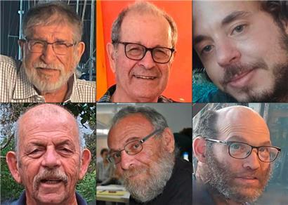 Diese Bilder zeigen die toten Geiseln Joram Metzger, Avraham Munder, Jagev Buchschtab, Nadav Popplewell, Alexander Dancyg und Chaim Perry (im Uhrzeigersinn von oben nach unten)
