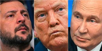 Diese Bildkombination zeigt den ukrainischen Präsidenten Wolodymyr Selenskyj (links) am 26. September 2024 in Washington, D.C., US-Präsident Donald Trump (Mitte) am 7. April 2025 in Washington, D.C., und den russischen Präsidenten Wladimir Putin (rechts)

