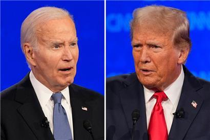 Diese Fotokombination zeigt den ehemaligen US-Präsidenten Donald Trump (r) und US-Präsident Joe Biden während einer von CNN veranstalteten Präsidentschaftsdebatte
