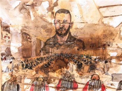 Diese Gerichtsskizze zeigt den Hauptangeklagten Salah Abdeslam über einer Gesamtansicht des Gerichtssaals während des Prozesses gegen den Attentäter der Pariser Terroranschläge vom November 2015
