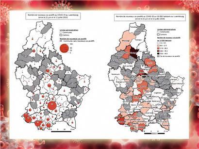 Diese Karten zeigen die Neuinfektionen pro Gemeinde. Links in absoluten Zahlen, rechts projiziert auf 10.000 Einwohner, was für kleine Kommunen ein verzerrtes Bild abgeben kann.
