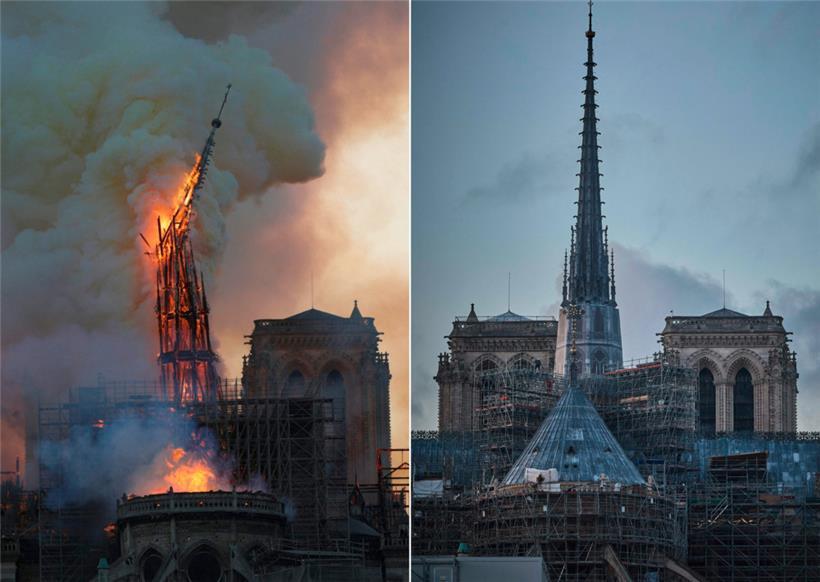 Diese Kombination von Bildern zeigt (links) den in Flammen stehenden Kirchturm und die Turmspitze, die zusammenstürzen, während das Dach der Kathedrale Notre-Dame de Paris brennt, und (rechts) die Kathedrale wenige Tage vor ihrer Wiedereröffnung
