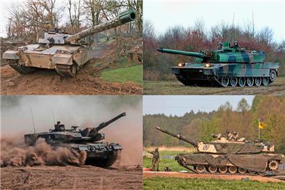 Diese Panzer werden der Ukraine angeboten: britischer „Challenger“ (o.l.), französischer „Leclerc“ (o.r.), deutscher „Leopard“ (u.l.) und US-amerikanischer „Abrams“
