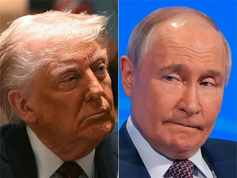 Diese am 30. März 2025 erstellte Bildkombination zeigt US-Präsident Donald Trump am 24. März 2025 im Weißen Haus in Washington, DC, und den russischen Präsidenten Wladimir Putin am 18. März 2025 in Moskau
