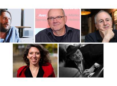 Diese fünf Autor*innen haben Chancen auf den diesjährigen Prix Servais (vlnr.): Ian De Toffoli, Guy Helminger, Tullio Forgiarini, Amélie Vrla und Nico Helminger