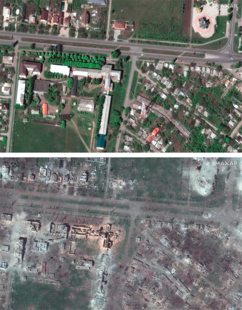 Diese von Maxar Technologies zur Verfügung gestellten Fotos zeigen die Universität (l) und einen Funkturm in Bachmut (oben, aufgenommen am 08. Mai 2022) und nach der Zerstörung (unten, aufgenommen am 15. Mai 2023). 
