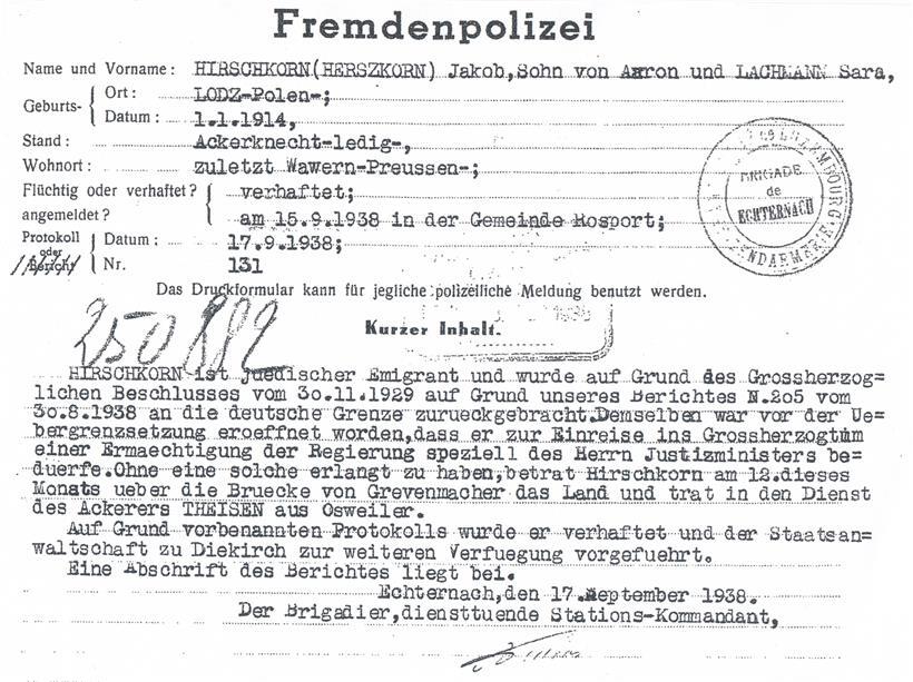 Dokument Echternach 17.9.1938, AN-Lux, Justizministerium, Fremdenpolizei, Dossier Jakob Hirschkorn Nr. 250882
