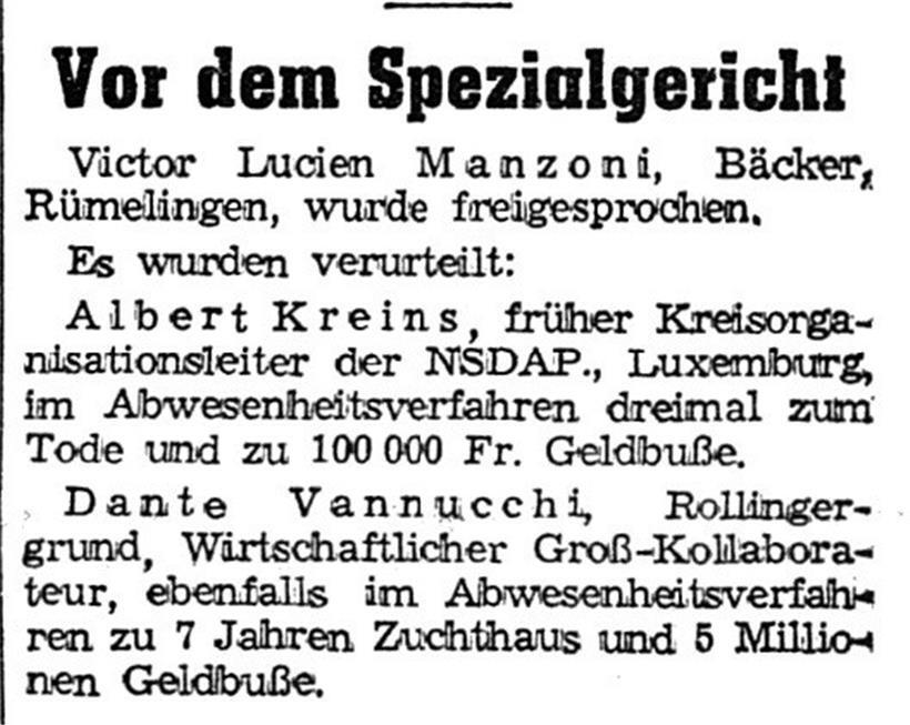 Dreifaches Todesurteil von Albert Kreins, einem der schlimmsten Luxemburger Antisemiten und Nazi-Kollaborateure, bekannt gegeben im „Luxemburger Wort“ am 5.5.1949
