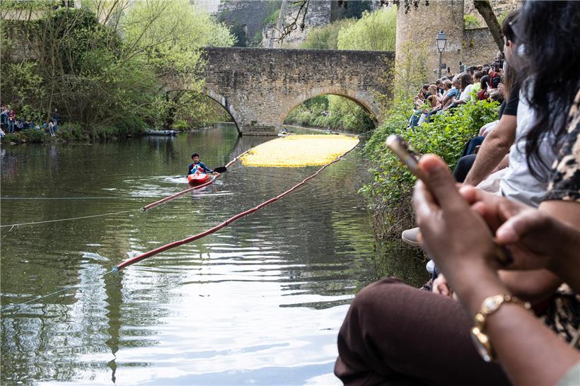 Bunte Gummienten beim Duck Race 2026 auf einem Fluss, fröhliches Event mit Teilnehmern und Zuschauern am Ufer