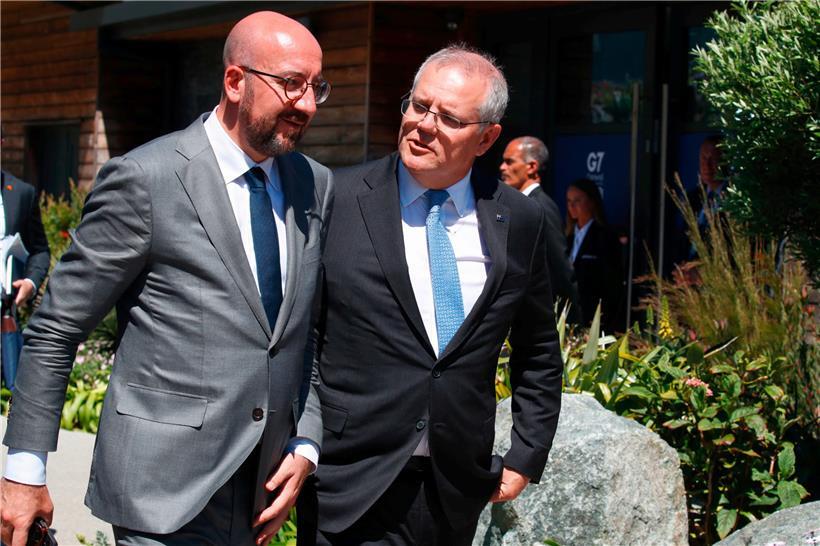 EU-Ratspräsident Charles Michel und Australiens Premier Scott Morrison beim G7-Gipfel: Der Streit mit China führt Australien wirtschaftlich näher an Europa heran
