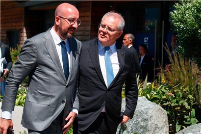 EU-Ratspräsident Charles Michel und Australiens Premier Scott Morrison beim G7-Gipfel: Der Streit mit China führt Australien wirtschaftlich näher an Europa heran
