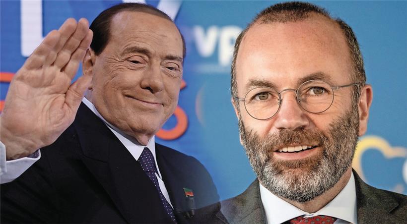 EVP-Präsident Manfred Weber (r.) unterstützt im italienischen Wahlkampf seinen Parteifreund Silvio Berlusconi und dessen Partei Forza Italia, die sich wiederum den Postfaschisten der Fratelli d’Italia angedient hat 
