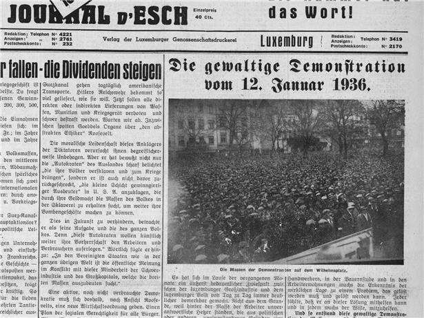 Titelseite des Escher Tageblatt vom 13. Januar 1936 mit historischen Nachrichten und Zeitungsüberschrift