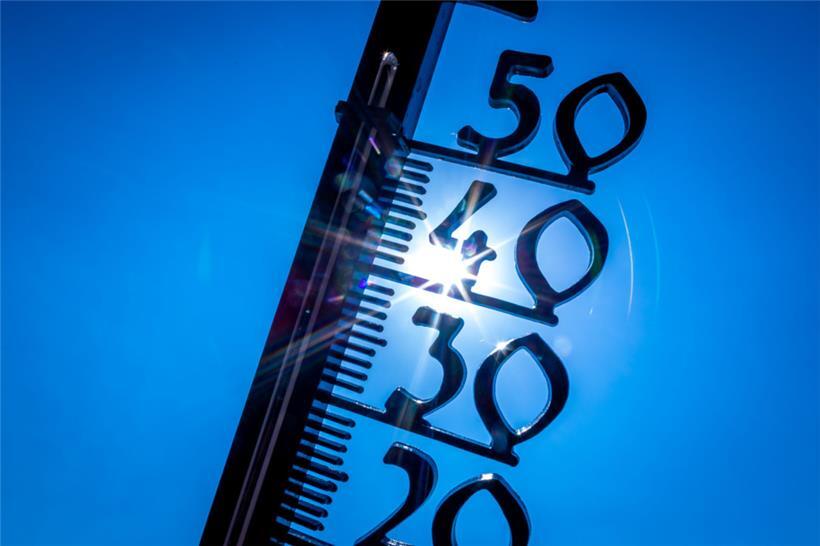 Ein Außenthermometer in einem Kleingarten zeigt knapp 40 Grad an
