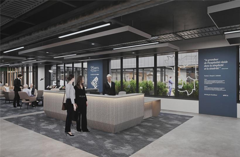 Ein Empfang im Eingang soll Hotellobby-Eindruck erwecken
