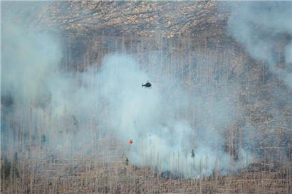 Ein Hubschrauber im Harz am Brocken während der Löscharbeiten. Mehrere Feuer brachen am 6. September im Harz aus und hatten sich bis zum Abend zu einem riesigen Waldbrand zusammengeschlossen

