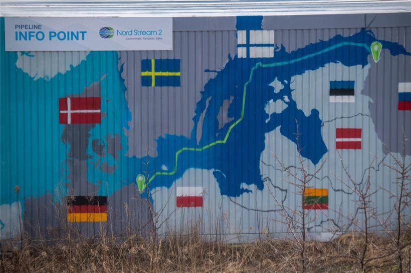 Ein Infocontainer zur Gas-Pipeline Nord Stream 2 in Deutschland: Wegen des eskalierenden Russland-Ukraine-Konflikts wurde das Projekt bis auf Weiteres gestoppt
