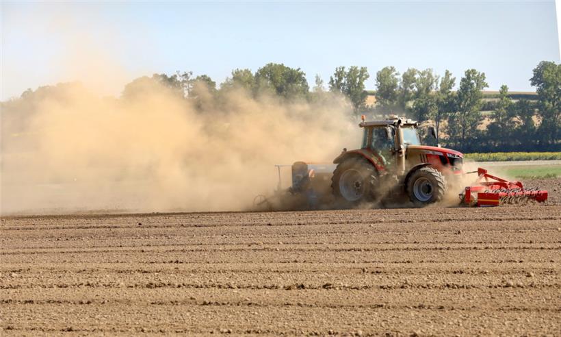 Ein Landwirt säht am 21. August auf einem Feld Raps und wirbelt dabei eine Staubwolke auf
