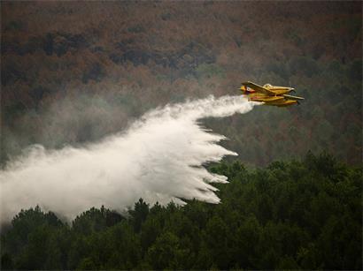 Ein Löschflugzeug wirft am 31. Juli 2026 Wasser über einem Waldbrand in Le Porge im Südwesten Frankreichs ab