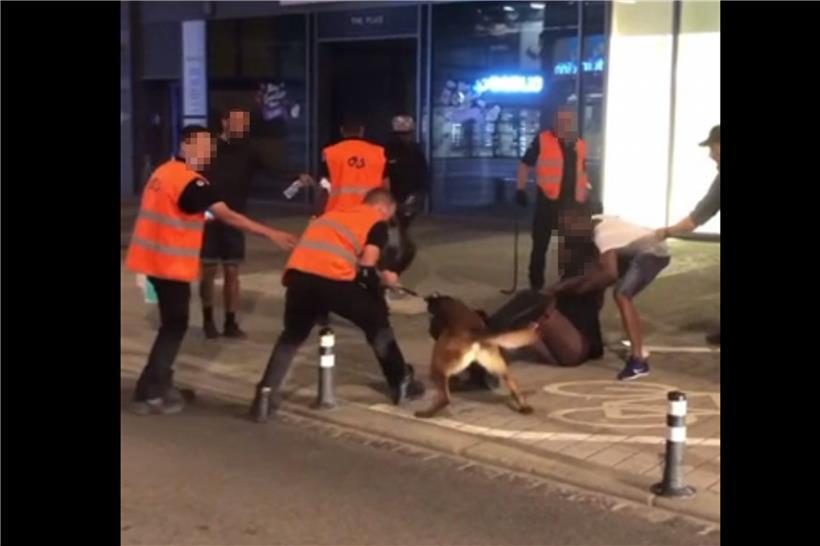 Ein Standbild aus dem Video: Die Männer des Wachdienstes zerren an einem Hund, der sich in das Bein eines Mannes verbissen und ihm dabei die Hose heruntergezogen hat
