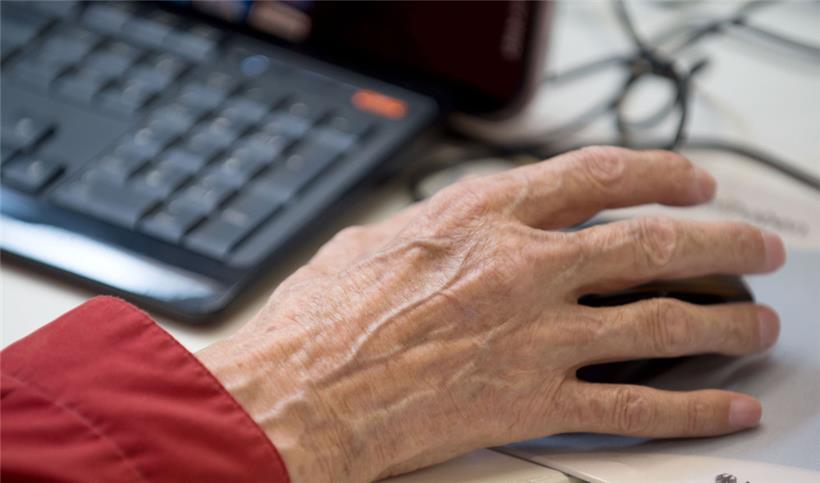 Ein älterer Mann sitzt an einem Computer – trägt er mit seiner Arbeit zur Wirtschaft bei?
