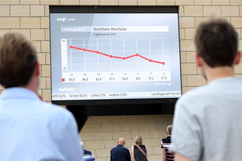 Ein großes Display zeigt die ersten Prognosen zur Landtagswahl in Nordrhein-Westfalen
