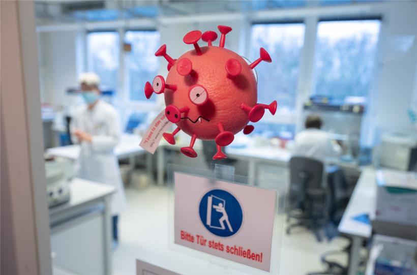 Eine Figur in der Form eines Virus hängt an der Tür eines PCR-Labors in Deutschland (Archivbild)
