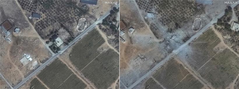 Eine Kombination von Maxar Technologies veröffentlichten Satellitenbildern zeigt eine Anlage am 3. September (l) und am 26. September nach Luftangriffen
