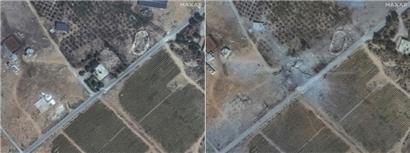 Eine Kombination von Maxar Technologies veröffentlichten Satellitenbildern zeigt eine Anlage am 3. September (l) und am 26. September nach Luftangriffen
