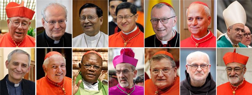 Eine Kombo mit Archivbildern zeigt mögliche Kandidaten für die Papst-Nachfolge. Oben (l-r): Jean-Claude Hollerich, Erzbischof von Luxemburg (vom 05.10.2019), Peter Erdö, Erzbischof von Esztergom-Budapest (vom 20.04.2023), Charles Maung Bo, Erzbischof von Yangon (vom 06.01.2015), Luis Antonio Tagle, Pro-Präfekt des Dikasteriums für die Evangelisierung – einer der wichtigsten Posten der Kurie, zuvor u.a. Erzbischof von Manila…
