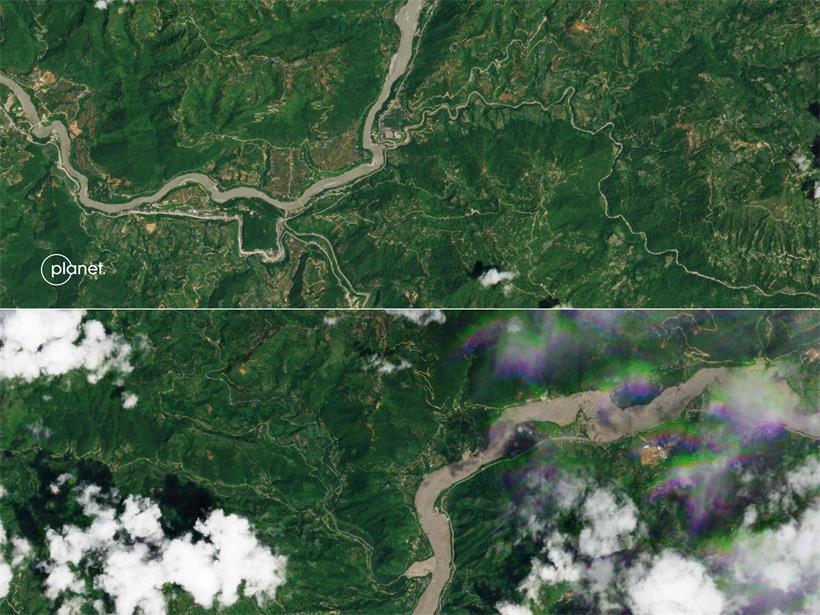 Eine Luftaufnahme von Kolpurtar im Distrikt Nuwakot in Nepal vor den schweren Überschwemmung am 12. August 2026 (oben) danach (unten)