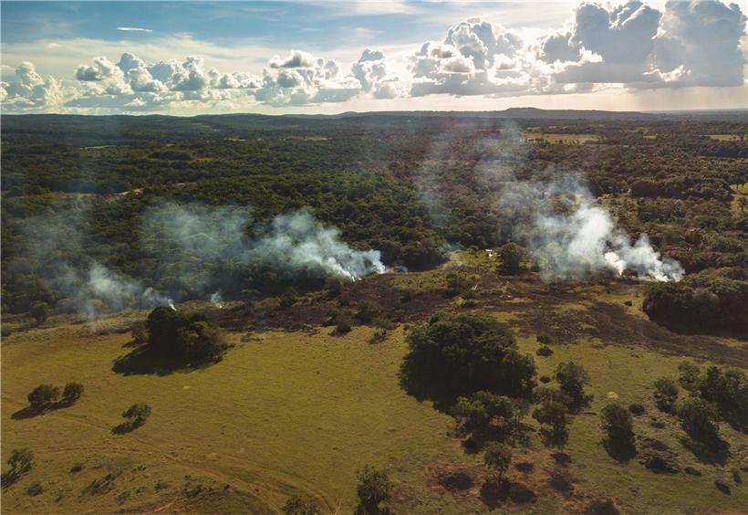 Eine Luftaufnahme zeigt das Abbrennen von Land in Kolumbien, um unerwünschtes Gestrüpp und Unkraut zu beseitigen und damit Platz für die Viehzucht zu schaffen
