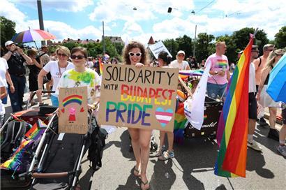 Eine Teilnehmerin des Christopher Street Day 2025 hält ein Plakat mit der Aufschrift „Solidarity with Budapest Pride“
