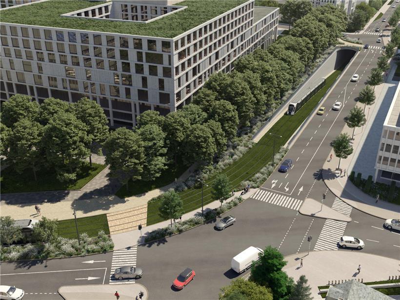 Vorschau der CHL-Erweiterung mit moderner Tram-Unterführung ab 2033 in urbaner Umgebung